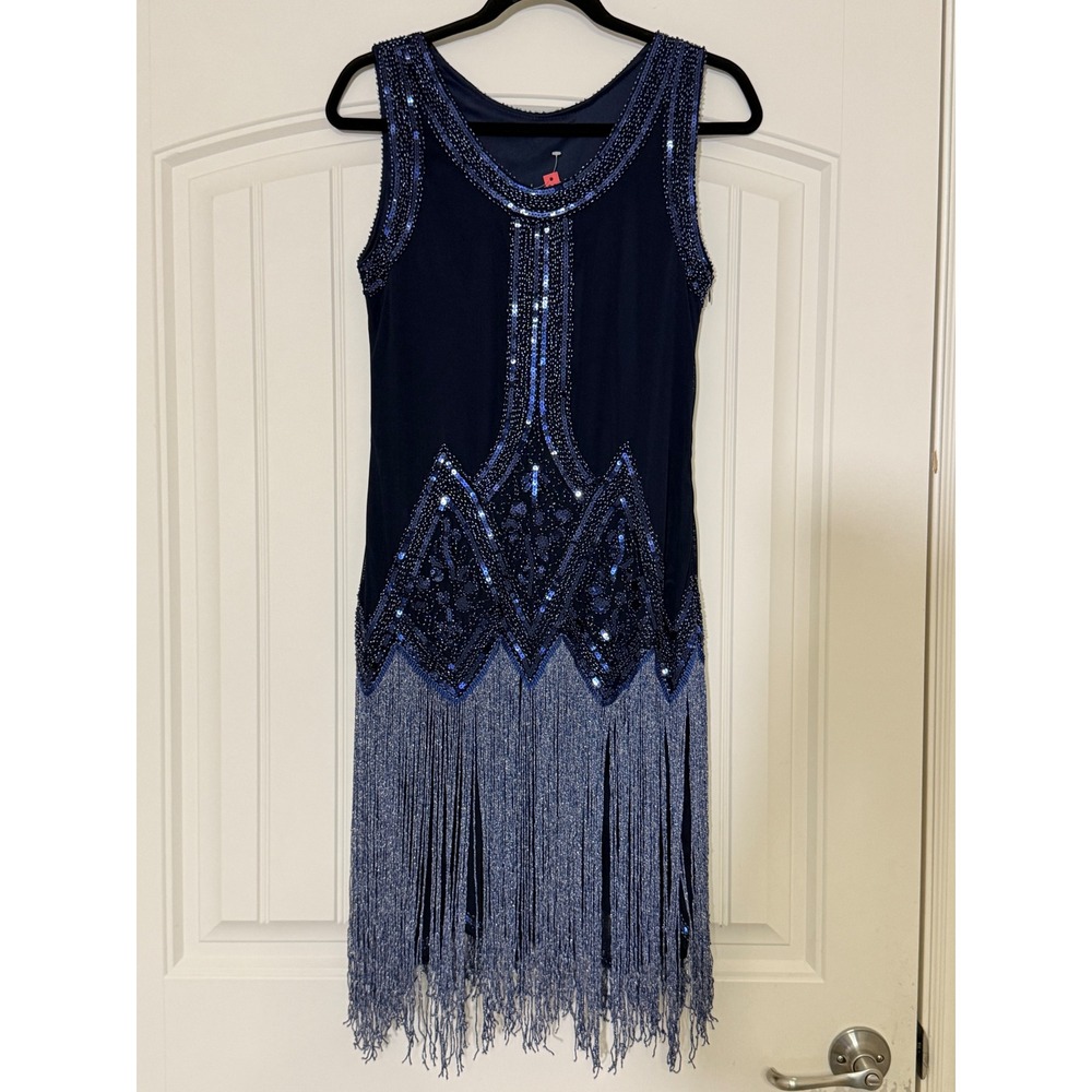 NWT Navy Beaded Fringe Flapper Dress 1920s Gatsby Speakeasy Metallic Party Sz S